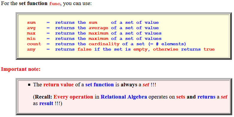 The set functions in Relational Algebra