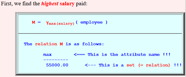 How to use set functions in a relational algebra query